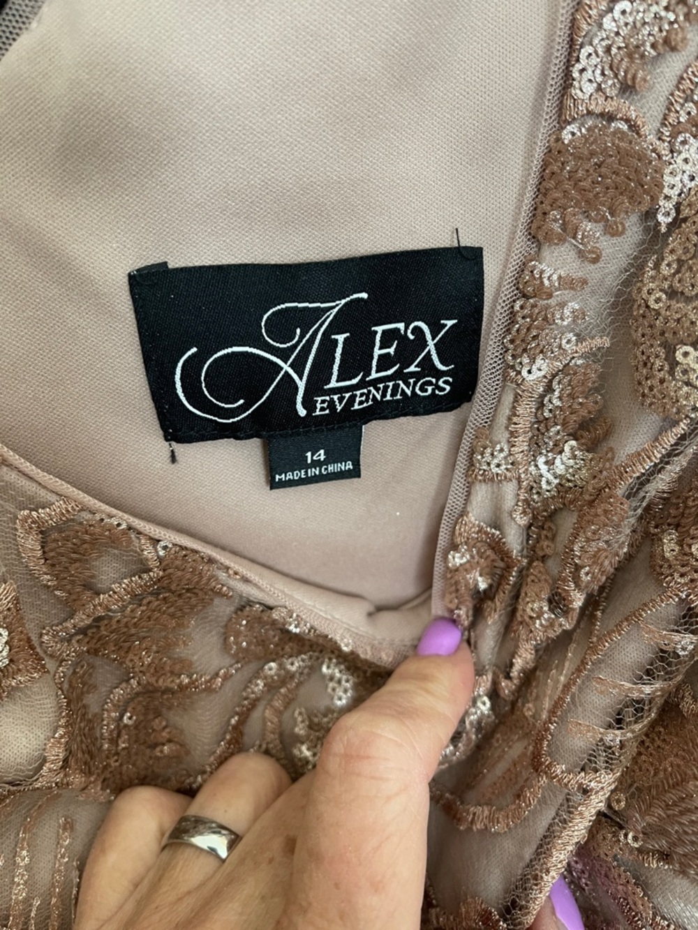 Alex Evenings Rose Gold Lace Sequin Sheath Midi Dress 14 NWT - Picture 9 of 15